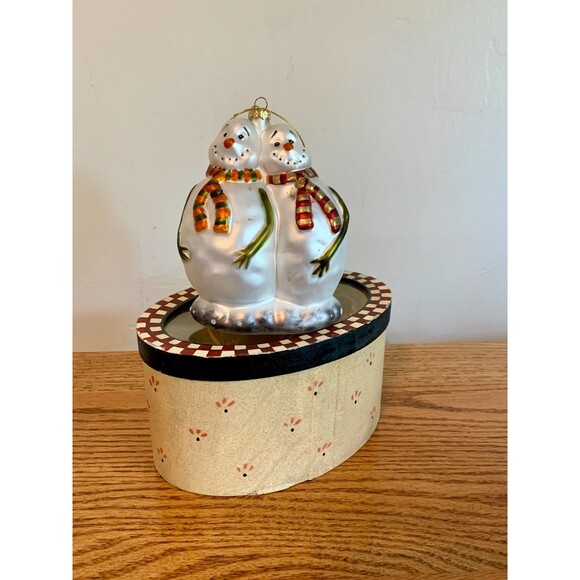 VTG 90s Primitive Snowman Couple Blown Glass Hand Painted Ornament w Box Xmas - Picture 2 of 16